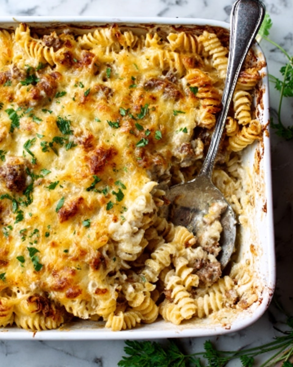 The image shows a white rectangular baking dish filled with a layered baked pasta dish. The bottom layer consists of spiral pasta mixed with small pieces of browned meat. On top of that is a thick layer of melted cheese that is golden brown with a slightly crispy texture. Small bits of green herbs are sprinkled across the top, adding a fresh color contrast. A large silver spoon rests inside the dish with its bowl facing upward, partly scooping some of the pasta. The dish sits on a white marbled surface with some sprigs of fresh green herbs in the background. Photo taken with an iphone --ar 4:5 --v 7