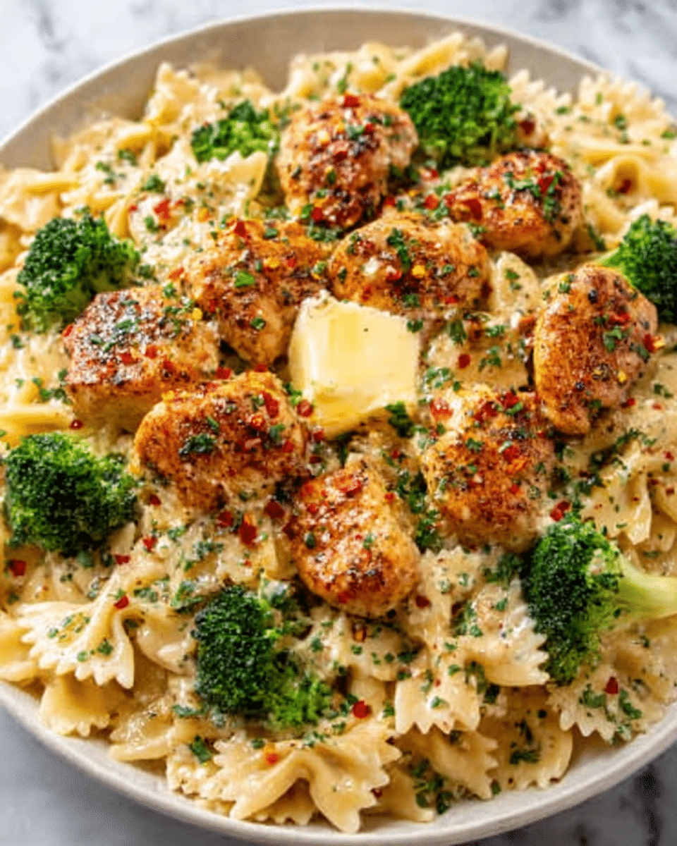 A white plate on a white marbled surface holds a creamy pasta dish made with bowtie noodles covered in a smooth sauce. On top of the noodles are many pieces of browned chicken with a slightly crispy look, sprinkled with red chili flakes and green chopped herbs. Bright green broccoli florets are placed around the chicken, adding color contrast. A square piece of melting butter sits in the center, slightly melting over the chicken and pasta, creating a rich, glossy finish. photo taken with an iphone --ar 4:5 --v 7