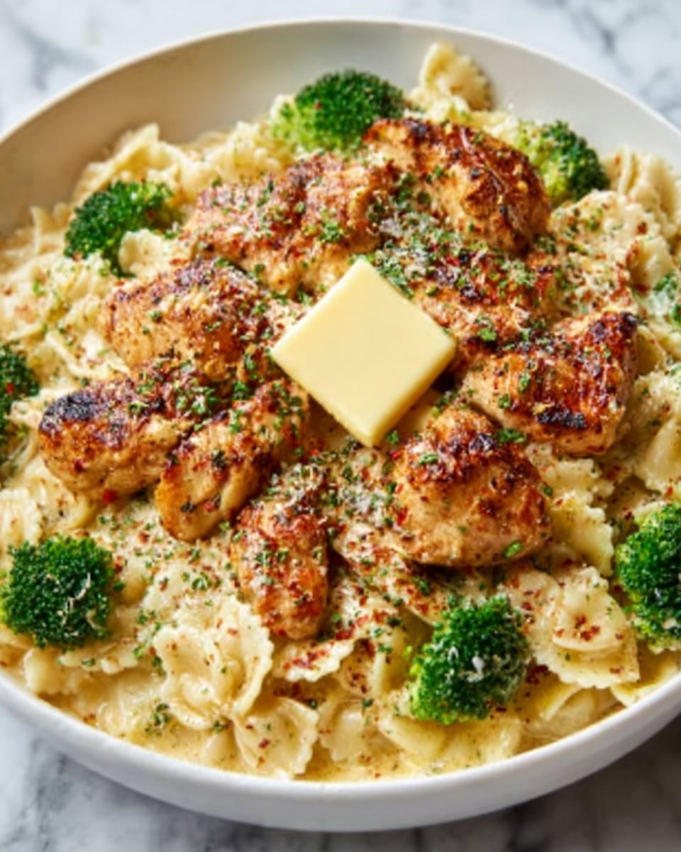The image shows a close-up of a pasta dish with rigatoni noodles coated in a creamy, light yellow sauce. Scattered on top are browned, grilled chicken pieces with visible char marks, giving a crispy texture. The dish is sprinkled generously with finely chopped green herbs and grated cheese, adding a touch of freshness and a slightly snowy white detail on the top. Each rigatoni has a firm texture with ridges that catch the sauce, and the chicken chunks vary in size creating a natural, rustic look. The photo taken with an iphone --ar 4:5 --v 7