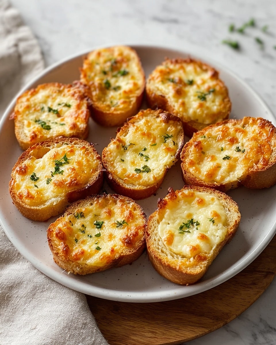 A round white plate holds nine pieces of toasted bread slices, each topped with a thick, bubbly, and golden-brown melted cheese layer sprinkled with small bits of green herbs. The bread is golden and crispy with a rough texture on the edges, while the cheese on top looks creamy and slightly browned in spots. The plate sits on a wooden board over a white marbled surface, with a light grey cloth nearby and some green leaves blurred in the background. photo taken with an iphone --ar 4:5 --v 7