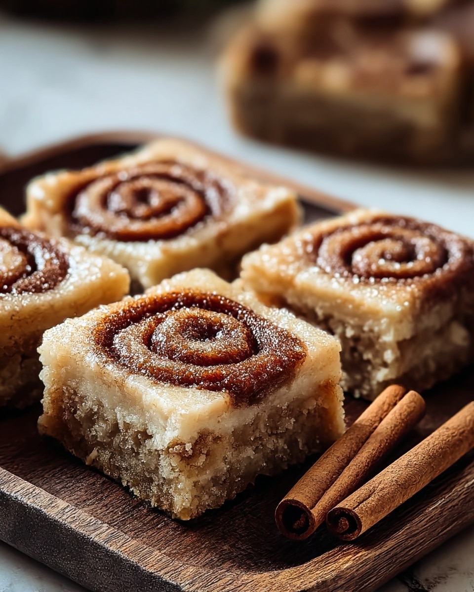 The image shows four square cinnamon roll bars closely placed in a 2 by 2 pattern on a dark wooden tray. Each bar has a thick base layer that is light brown and crumbly with bits of cinnamon throughout, topped by a lighter, slightly glossy dough layer with a swirl of rich brown cinnamon filling in the center of each square. The texture of the top looks soft and slightly moist, with sugar crystals sprinkled over the surface. Next to the tray, two cinnamon sticks lie on a white marbled surface blurred in the background. Photo taken with an iphone --ar 4:5 --v 7