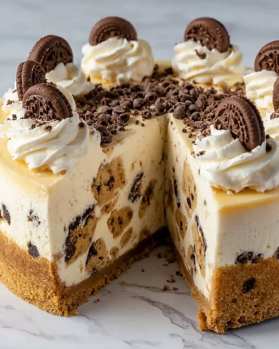The image shows a thick round cheesecake with two visible layers of creamy white filling mixed with chocolate chip cookie chunks inside, all resting on a dense, crumbly golden brown crust. The outside edges are smooth, with chocolate chips embedded around the sides. On top, there are small swirls of white whipped cream evenly spaced, some sprinkled with crushed chocolate bits, and two round chocolate candies standing upright near the cut section. The cake is placed on a white marbled surface. photo taken with an iphone --ar 4:5 --v 7