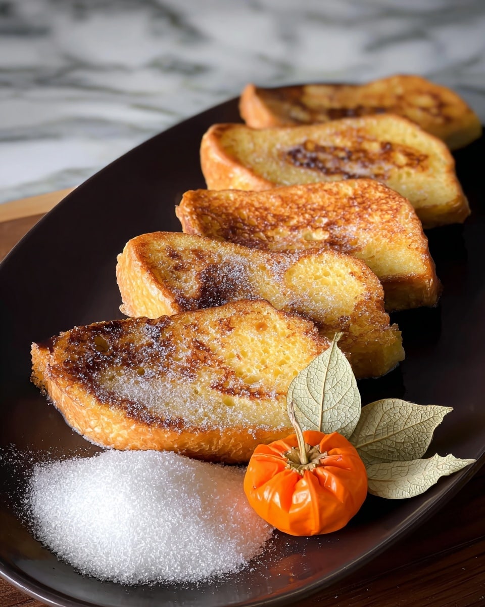 Five slices of golden brown French toast are arranged in a line on a smooth white plate, each slice showing a crisp, toasted texture with a light dusting of sugar. On the side of the plate, there is a small mound of white granulated sugar and a single bright orange physalis with greenish papery leaves around it. The background has a white marbled texture. photo taken with an iphone --ar 4:5 --v 7