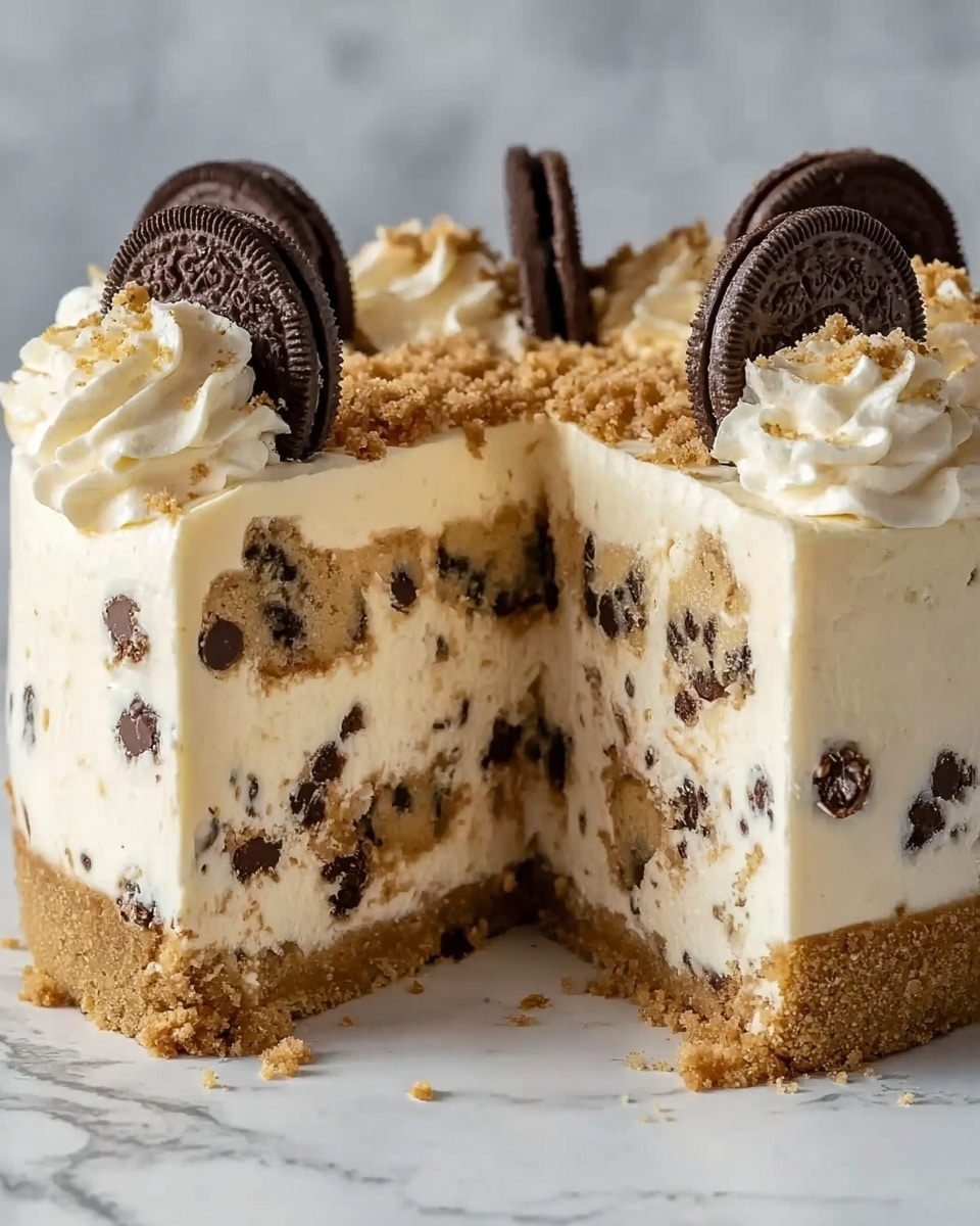 The image shows a thick, round cake sliced in half on a white marbled surface. The cake has three thick layers of creamy white filling mixed with chocolate chip cookie dough chunks. The bottom layer is a crumbly light brown crust, and the sides are covered with a smooth pale yellow cream with chocolate chips embedded. The top is decorated with whipped cream swirls and crushed cookie bits, and two round chocolate disks stand upright on one side. The texture looks soft and creamy with crunchy bits inside. Photo taken with an iphone --ar 4:5 --v 7