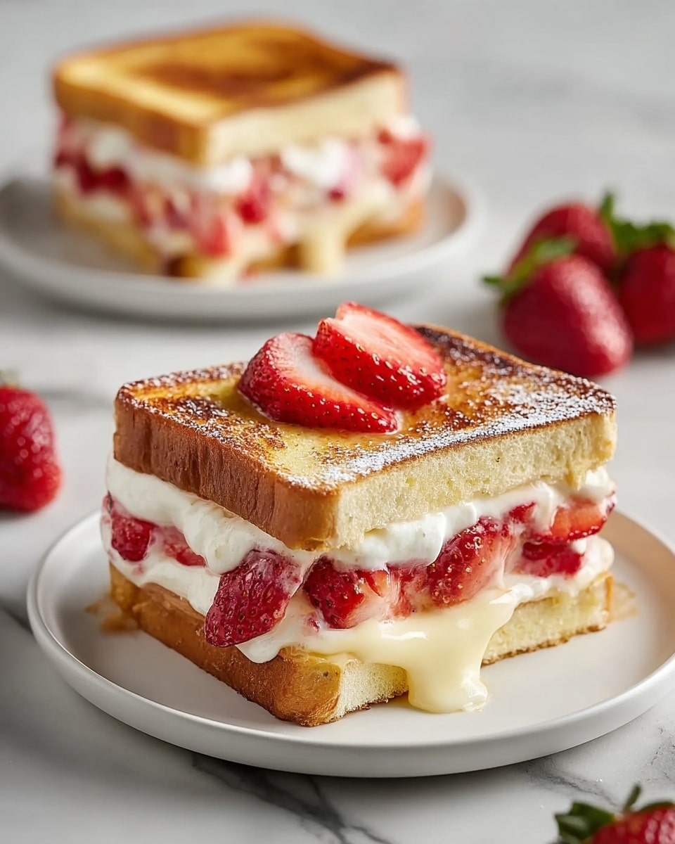 The image shows a sandwich made of two square pieces of golden toasted bread as the top and bottom layers. Between the slices, there are three visible layers: the bottom layer is creamy and pale yellow, slightly melting and oozing out; the middle layer has white whipped cream mixed with pieces of bright red strawberries; the top layer inside includes more whole and sliced strawberries with a glossy texture. The sandwich is placed on a white plate, sitting on a white marbled surface. There is another similar sandwich blurred in the background and some whole strawberries nearby. Photo taken with an iphone --ar 4:5 --v 7