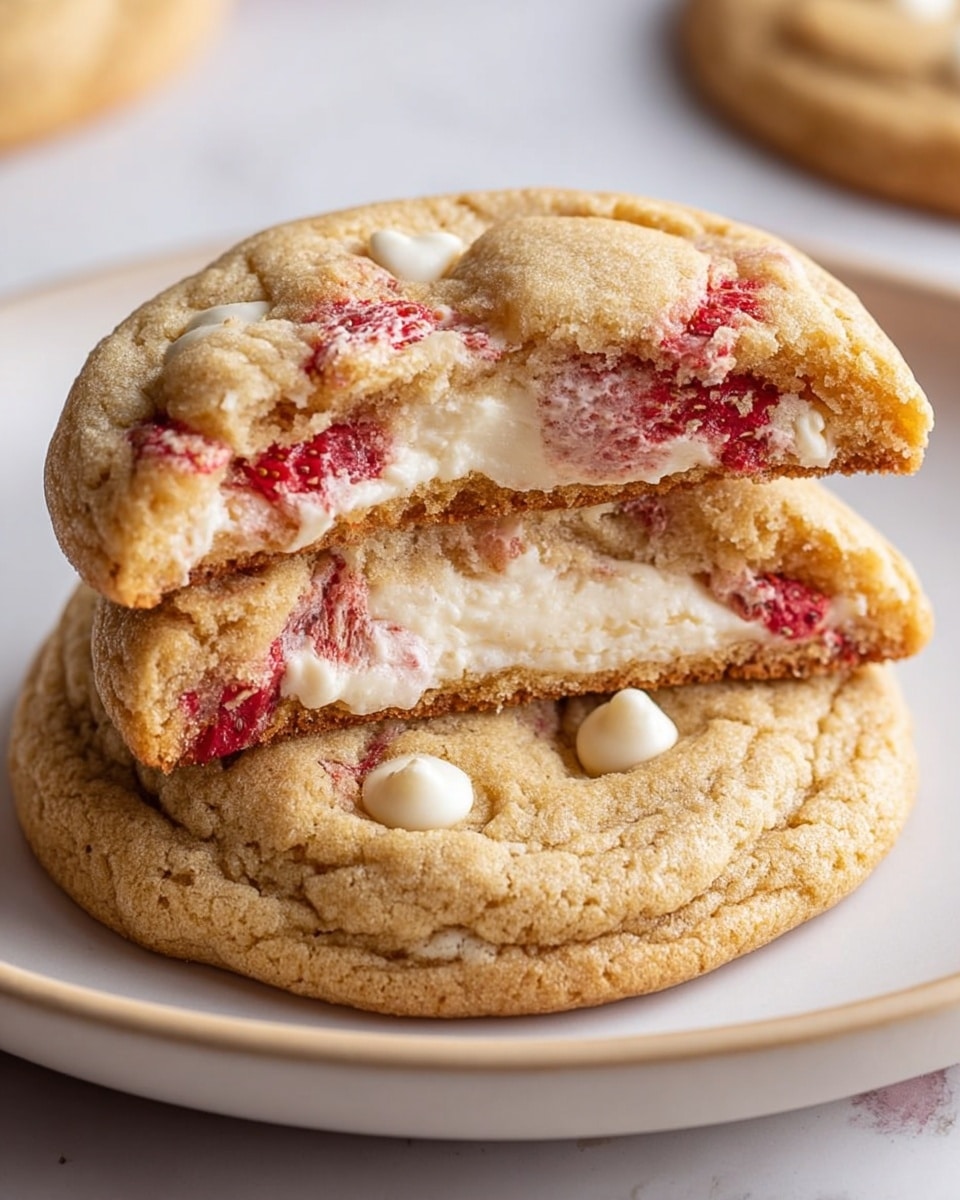 A stack of two light golden brown cookies is shown on a white plate with a subtle beige rim, placed on a white marbled surface. The top cookie is broken in half, revealing a soft, creamy white filling layer inside mixed with bright red strawberry bits. The cookie surface shows a slightly cracked texture with scattered white chocolate chips on top. The close-up view highlights the soft, chewy inside and the contrasting colors of the red strawberry, white cream, and golden cookie dough. Photo taken with an iphone --ar 4:5 --v 7