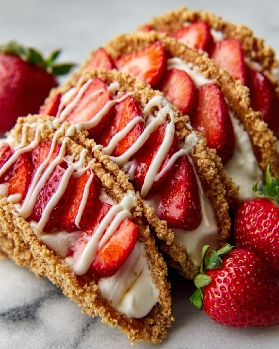 The image shows three taco-shaped desserts placed side by side on a white marbled surface. Each dessert has a crumbly light brown shell that looks crunchy. Inside, there is a layer of white cream filling, topped with bright red sliced strawberries arranged neatly along the shell. A drizzle of white sauce runs across the top of the strawberries and cream. On the right side of the desserts, there are two whole strawberries with their green leaves visible. The whole scene is well lit, showing soft shadows and details on the strawberries and crumbly shell. Photo taken with an iphone --ar 4:5 --v 7