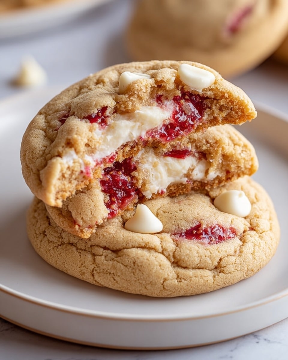 A stack of two soft cookies sits on a white plate with a light rim, placed on a white marbled surface. The bottom cookie is whole, tan-colored with slight cracks and white chocolate chips on top. The top cookie is broken in half showing creamy white filling layered with bright red jam inside, giving a mix of smooth and slightly chunky textures. The cookies have a soft, chewy look with a golden-brown edge and white chips scattered across. Photo taken with an iphone --ar 4:5 --v 7