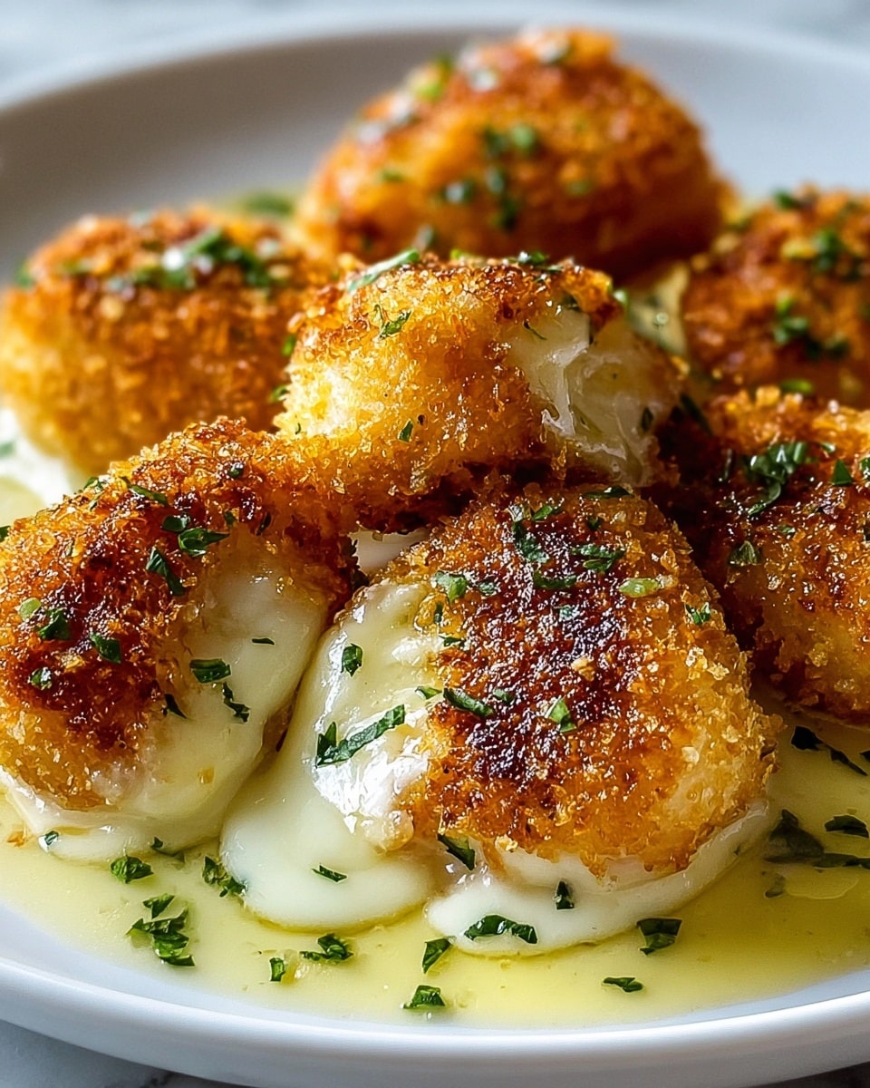 The image shows several pieces of golden-brown breaded cheese bites arranged closely on a white plate. Each piece has a crispy, textured outer layer with a slightly uneven surface coated in breadcrumbs, showing some darker toasted spots. The cheese inside is soft and melted, visible through small cracks where it oozes out with a creamy white color. A light sauce pools underneath the cheese bites, giving a shiny and slightly oily look with small green herb bits sprinkled both on the sauce and on top of the bites for decoration. The scene is set against a white marbled background. photo taken with an iphone --ar 4:5 --v 7