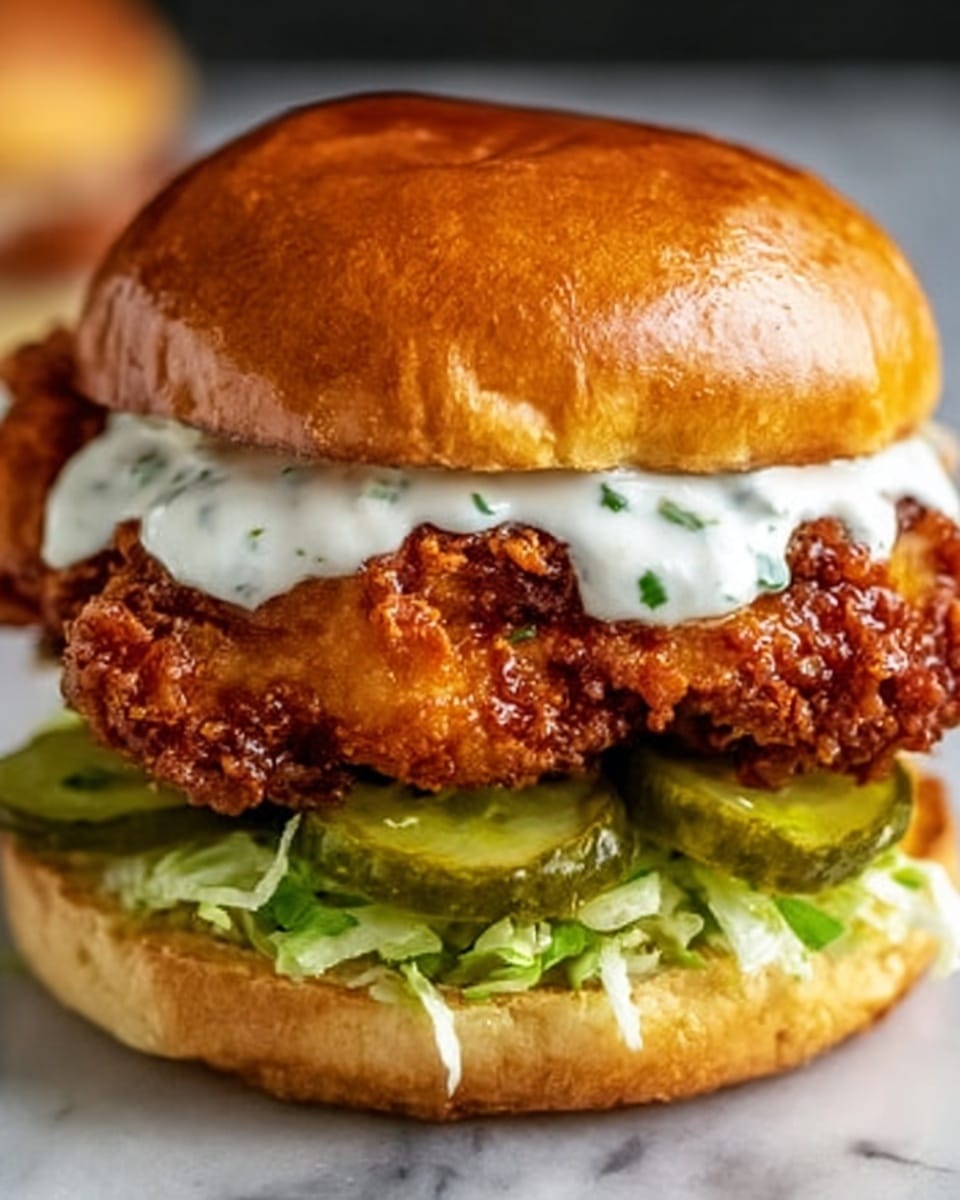 A close-up of a crispy fried chicken sandwich on a soft, lightly toasted golden brown bun with a shiny top. The sandwich has layers starting with shredded green lettuce at the bottom, followed by several slices of green pickles. On top of the pickles, there is a large piece of crunchy fried chicken with a deep golden-brown color and a rough, crispy texture. Above the chicken is a layer of creamy white sauce with tiny green herbs spread evenly, slightly dripping over the chicken edges. The sandwich is placed on a white marbled surface, making the colors of the sandwich stand out sharply. photo taken with an iphone --ar 4:5 --v 7