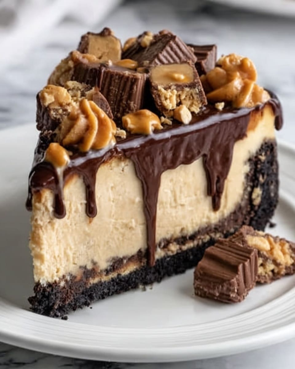 A slice of cheesecake with three main layers sits on a white plate over a white marbled surface. The bottom layer is a dark Oreo-like crust, rough in texture. The middle layer is thick and creamy with a pale beige color. The top layer is a smooth, thick chocolate glaze, shiny with some parts dripping down the sides. On top, there are chopped peanut butter cups, whole walnuts, and small chocolate chips arranged. The background is softly blurred, showing a table setting. Photo taken with an iphone --ar 4:5 --v 7