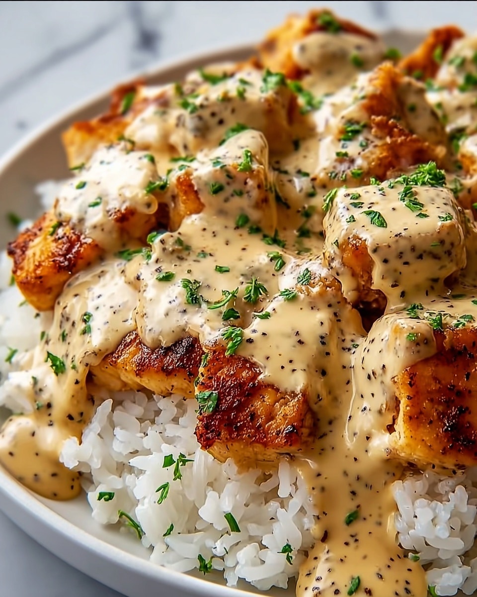 A close-up shows a white plate filled with a base layer of fluffy white rice, with visible separate grains. On top, there are golden-brown grilled chicken pieces, tender and slightly charred in places, creating a textured contrast. The chicken is covered in a thick, creamy, light beige sauce with tiny black specks, likely black pepper, and is garnished with small, scattered green herbs that add a fresh touch. The smooth sauce lightly coats the chicken and rice, catching the light to show a shiny, moist surface. The background is a white marbled texture. photo taken with an iphone --ar 4:5 --v 7