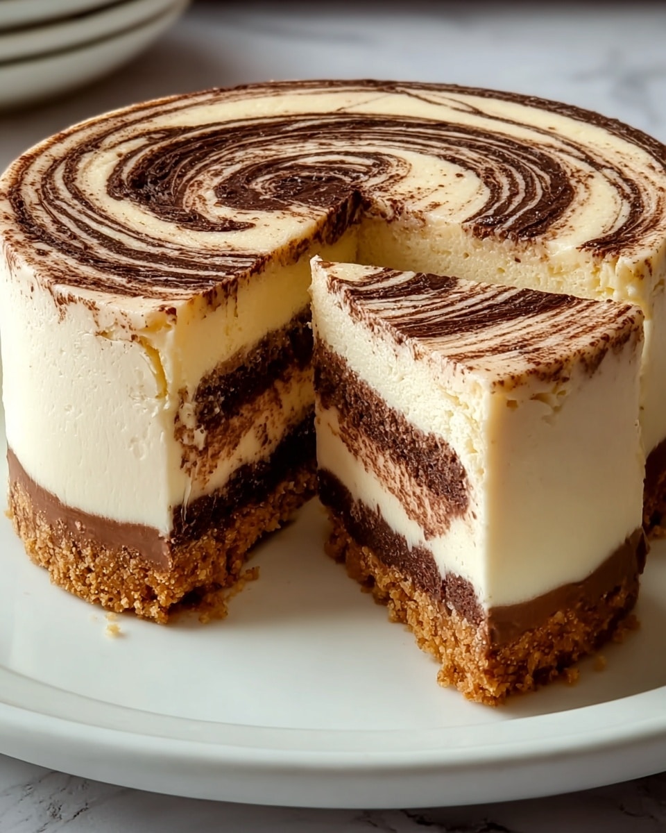 A round cake with four visible layers sits on a white plate placed on a white marbled surface. The bottom layer is a thick, golden-brown crumbly crust. Above that is a thick creamy white layer. The third layer is a thin dark brown chocolate or cocoa layer. The top layer is creamy white with a light swirl of chocolate sauce or powder spread in a spiral pattern. A large wedge has been cut out from the cake, showing the clear separation of all layers. Photo taken with an iphone --ar 4:5 --v 7