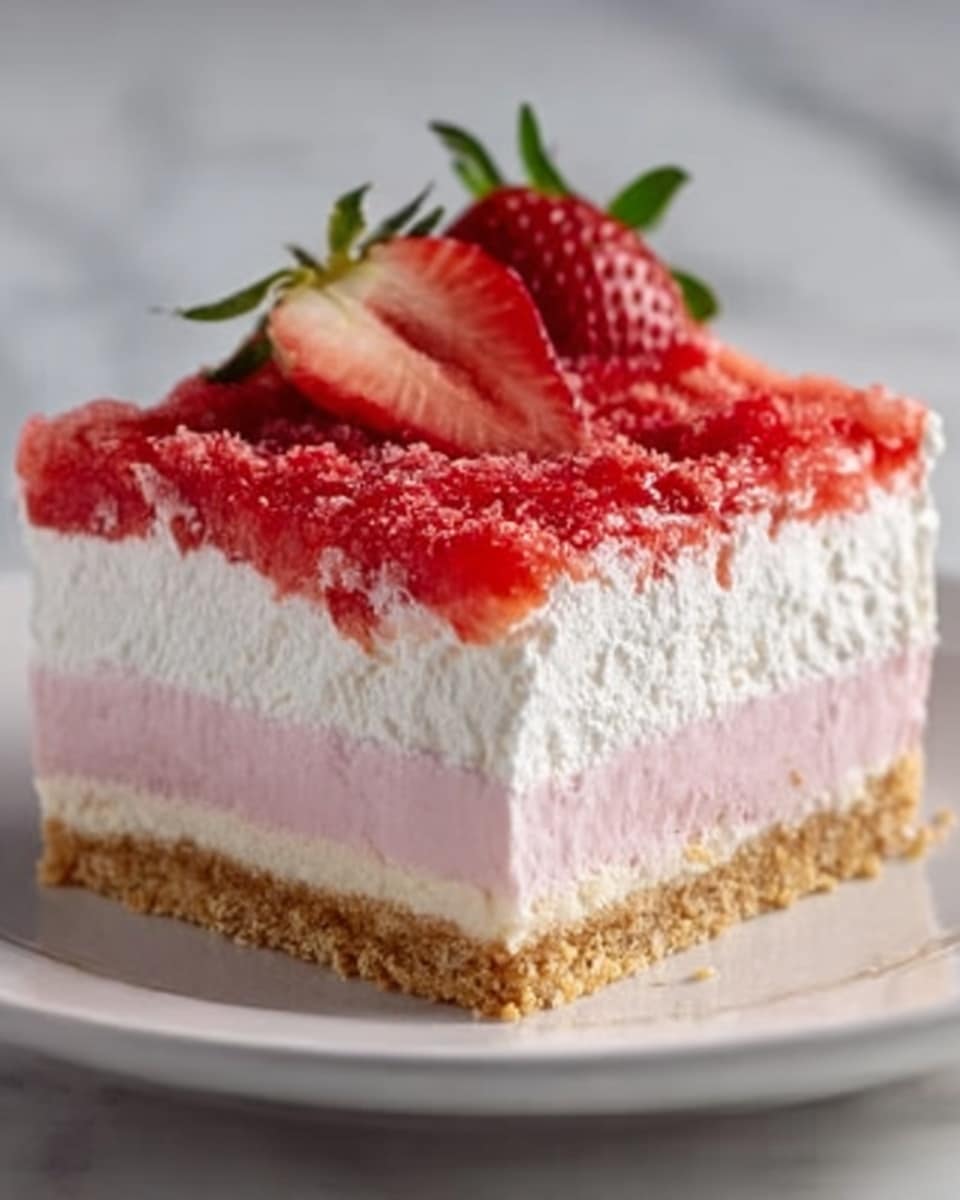 A square slice of layered strawberry dessert sits on a white plate over a white marbled surface. The bottom layer is made of a crumbly light brown crust. Above it is a pale pink creamy layer that looks smooth and soft. Next comes a thicker layer of white whipped cream that is airy and fluffy. On top of this is a thin layer of crushed strawberries with a bright red color, adding texture. The dessert is finished with a whole fresh strawberry with a green leafy top placed in the center on the top layer. Photo taken with an iphone --ar 4:5 --v 7