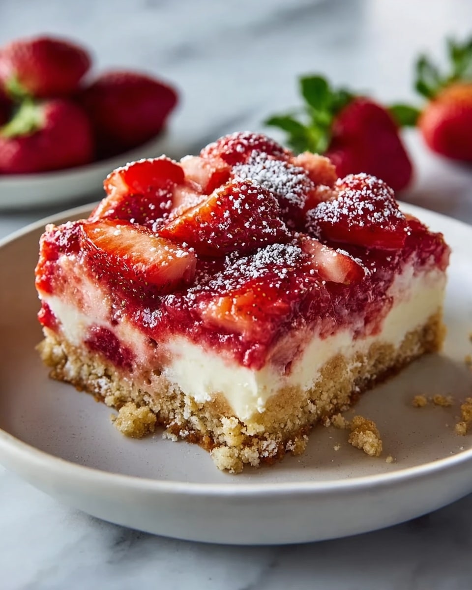 A small round cake sits on a white plate with a soft, light yellow sponge base forming the bottom layer. On top of this cake, there is a layer of glossy red strawberry slices arranged closely together, adding a fresh and juicy look. Above the strawberries is a thick swirl of smooth white whipped cream, crowned with a halved strawberry featuring a green leafy top. Additional sliced strawberries are scattered casually around the cake on the plate. A fork is placed on the right side of the plate, all set against a white marbled texture surface. Photo taken with an iphone --ar 4:5 --v 7
