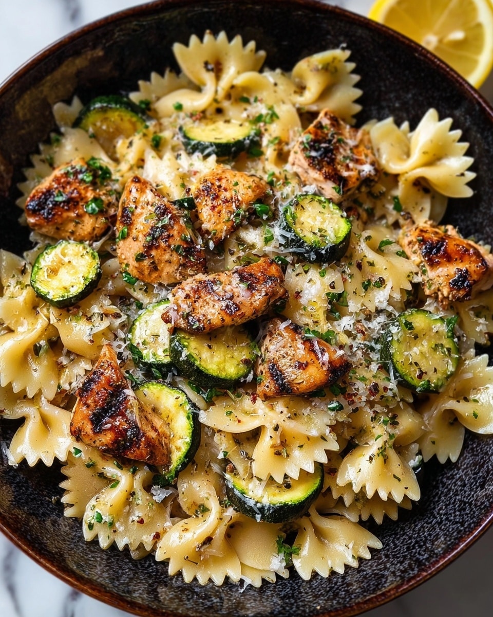 The image shows a close-up of a bowl filled with farfalle pasta mixed with grilled chicken pieces and sautéed zucchini slices. The pasta is light yellow with a slightly glossy texture, and the chicken is browned with a crispy, charred surface. The zucchini pieces are green with some brown grilled marks. Sprinkled over the dish are small green herb bits and grated white cheese, along with black pepper. In the background, there is a lemon slice partly visible on the top edge of the bowl. The bowl has a dark, textured surface, and the scene is set on a white marbled texture. photo taken with an iphone --ar 4:5 --v 7