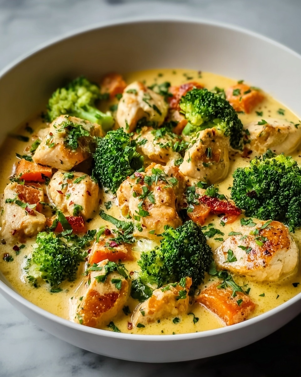 A white bowl holds a creamy yellow sauce as the base layer, smooth and rich in texture. On top, there are chunks of light golden cooked chicken scattered throughout, some with slight browned edges. Intermixed are bright green broccoli florets with a fresh, tender look. Small pieces of reddish-orange roasted carrots add color contrast, all sprinkled with finely chopped fresh green herbs. The dish looks warm and inviting with a mix of soft and crisp textures, all set on a white marbled background. photo taken with an iphone --ar 4:5 --v 7