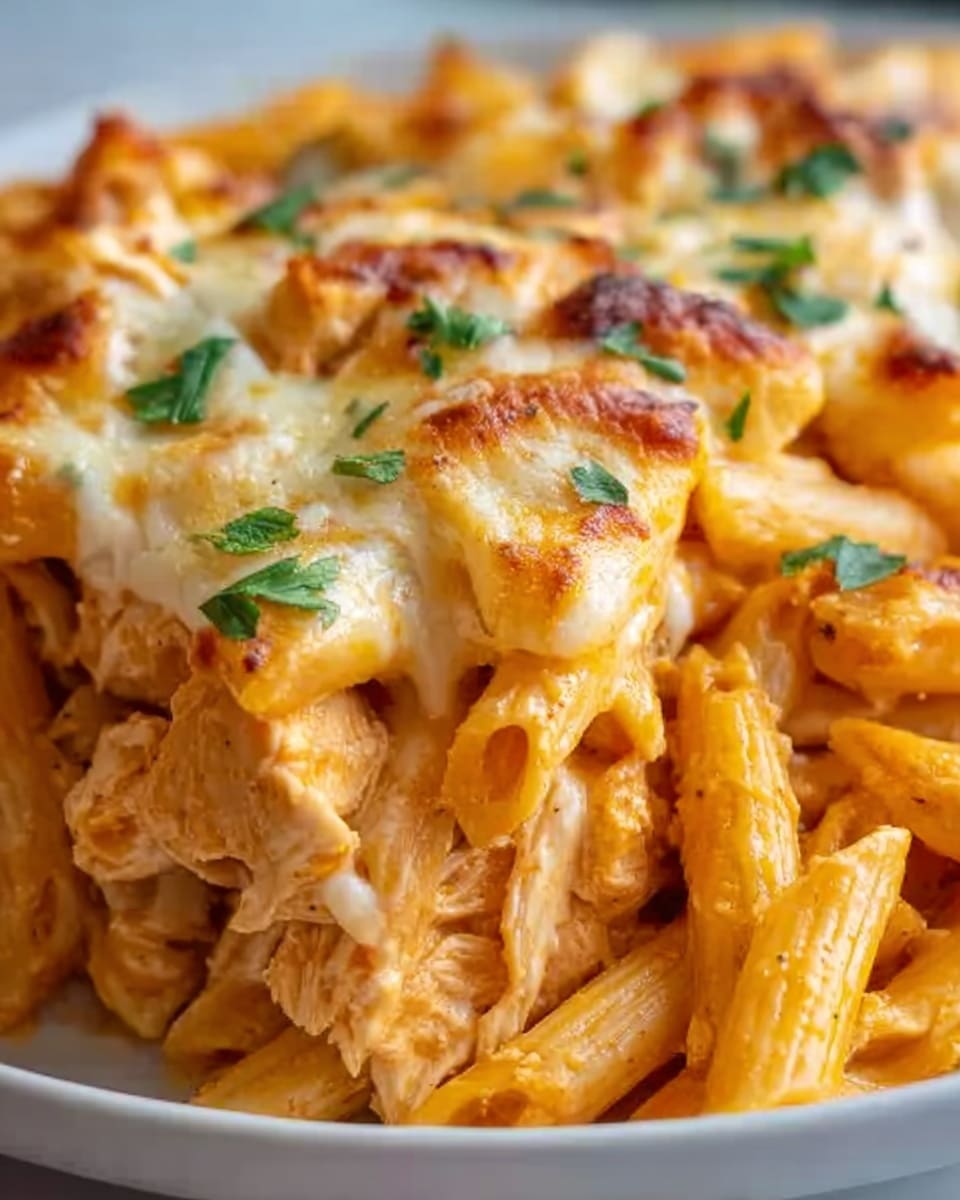 The image shows a close-up of a creamy baked pasta dish in a white bowl. There are three main layers: at the bottom, tender penne pasta that is coated in a light orange creamy sauce, mixed evenly with small pieces of cooked chicken. The middle layer has melted cheese that is golden and slightly browned on top, giving a crispy texture with some stringy cheese visible. The top layer is garnished with small green parsley leaves scattered around. The pasta looks soft and saucy with a smooth, rich texture. The photo taken with an iphone --ar 4:5 --v 7