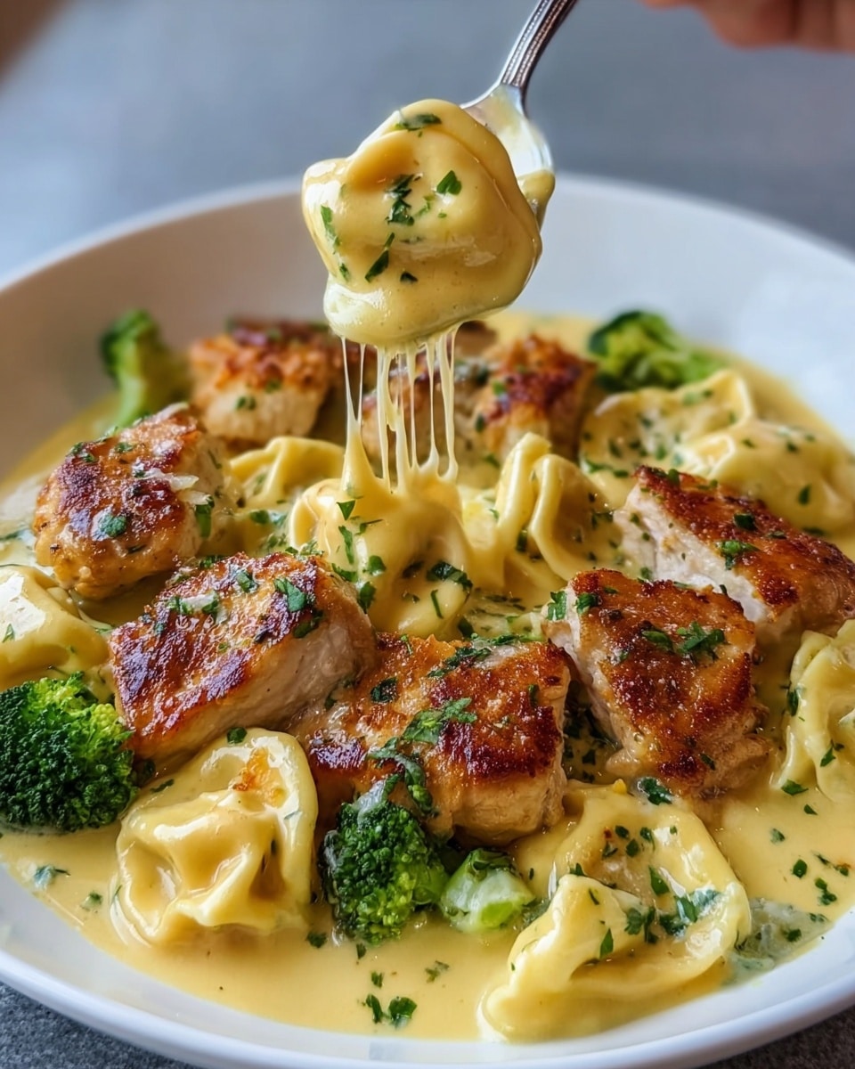 A white plate holds a creamy yellow sauce layer at the bottom, covering the surface softly. On top, there are several browned pieces of grilled chicken with a golden crust, arranged evenly. Between the chicken pieces, there are soft tortellini pasta, light yellow in color, some stretched as woman's hand lifts a spoonful, showing melted cheese strands stretching from the pasta. Small green broccoli florets are scattered around, adding a splash of bright green. The overall texture looks creamy and tender with fresh chopped herbs sprinkled lightly on top. Photo taken with an iphone --ar 4:5 --v 7
