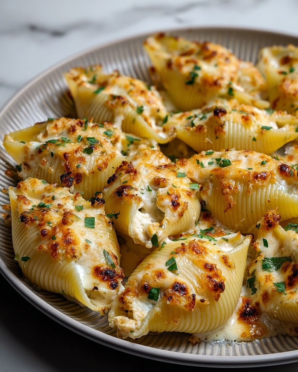 The image shows a plate filled with large pasta shells stuffed with a creamy white cheese mixture. Each shell is topped with a layer of melted cheese that is golden brown and slightly charred in spots. Bright green herbs are sprinkled over the top, adding a fresh touch to the warm tones of the pasta and cheese. The pasta shells are arranged closely together on a white plate with a subtle texture, and the whole dish sits on a white marbled surface, giving a clean, elegant look. photo taken with an iphone --ar 4:5 --v 7