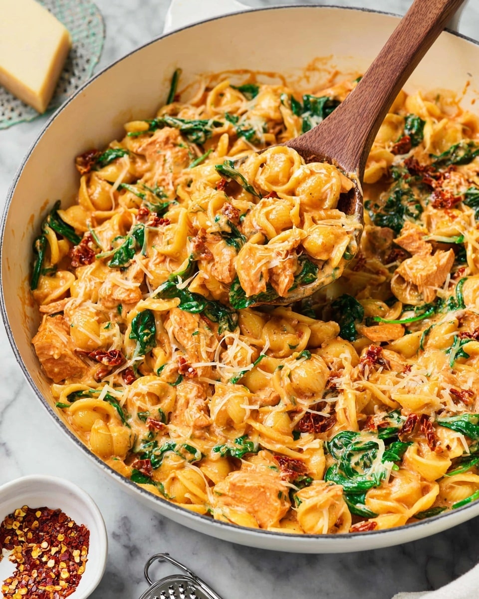 A large white pan filled with a creamy dish made of small curved yellow pasta mixed with orange-brown cooked chicken pieces, bright green spinach leaves, and bits of sun-dried tomatoes scattered throughout. The pasta is coated in a rich, cheesy orange sauce with some melted cheese strands visible on top. A wooden spoon is lifting a spoonful from the pan, showing the creamy and mixed texture of the ingredients. In the background, there is a white marbled surface with a small white bowl holding red pepper flakes and a metal grater with a block of cheese. photo taken with an iphone --ar 4:5 --v 7