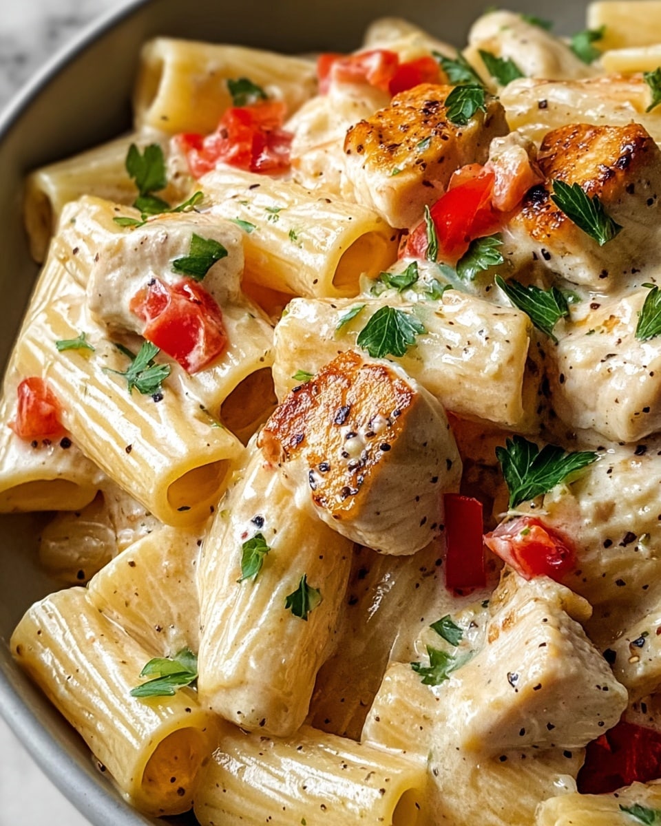 The image shows a close-up of rigatoni pasta mixed with chunks of creamy white chicken pieces that have a slight golden-brown sear on their edges. The pasta is coated in a smooth, creamy sauce with a light beige color, speckled with black pepper. Scattered throughout the dish are small, bright red bell pepper pieces adding a pop of color. Fresh green parsley leaves are sprinkled on top, giving a fresh, vibrant touch. The dish rests on a white marbled surface. photo taken with an iphone --ar 4:5 --v 7