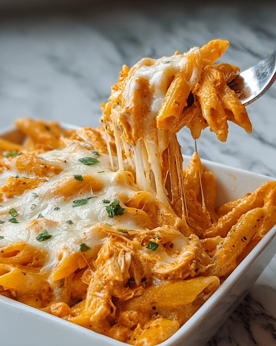 A close-up view of a white rectangular bowl filled with creamy orange-colored penne pasta mixed with shredded chicken. The top layer shows a generous amount of melted white cheese that stretches as a silver fork lifts a portion of the pasta. Small pieces of green herbs are sprinkled on the cheese, adding a touch of color contrast. The bowl sits on a white marbled textured surface. photo taken with an iphone --ar 4:5 --v 7
