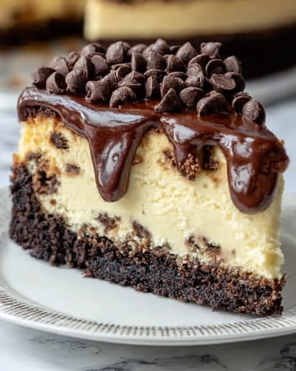 A slice of layered dessert on a white plate with a white marbled surface in the background. The bottom layer is dark and crumbly, likely an Oreo crust, topped by a thick beige layer with a smooth texture that looks like peanut butter cheesecake. Above that is a thinner, shiny caramel layer. The top is covered with a thick, glossy dark chocolate layer that drips down the sides. On top, there are clusters of crushed chocolate cookies, caramel pieces, and half of a peanut butter cup candy. Drips and small chunks fall around the plate, adding a rich, indulgent look. Photo taken with an iphone --ar 4:5 --v 7