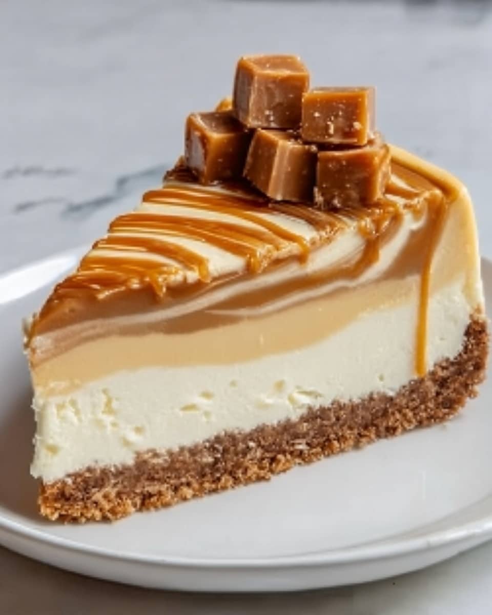 The image shows a slice of pie with three layers on a white plate. The bottom layer is a brown crumbly crust. Above it is a thick, creamy white filling that looks smooth. The top layer is a caramel swirl with a shiny, drizzle texture. On top of the pie slice is a cluster of small, square-shaped caramel pieces. The background surface is white marble. Photo taken with an iphone --ar 4:5 --v 7