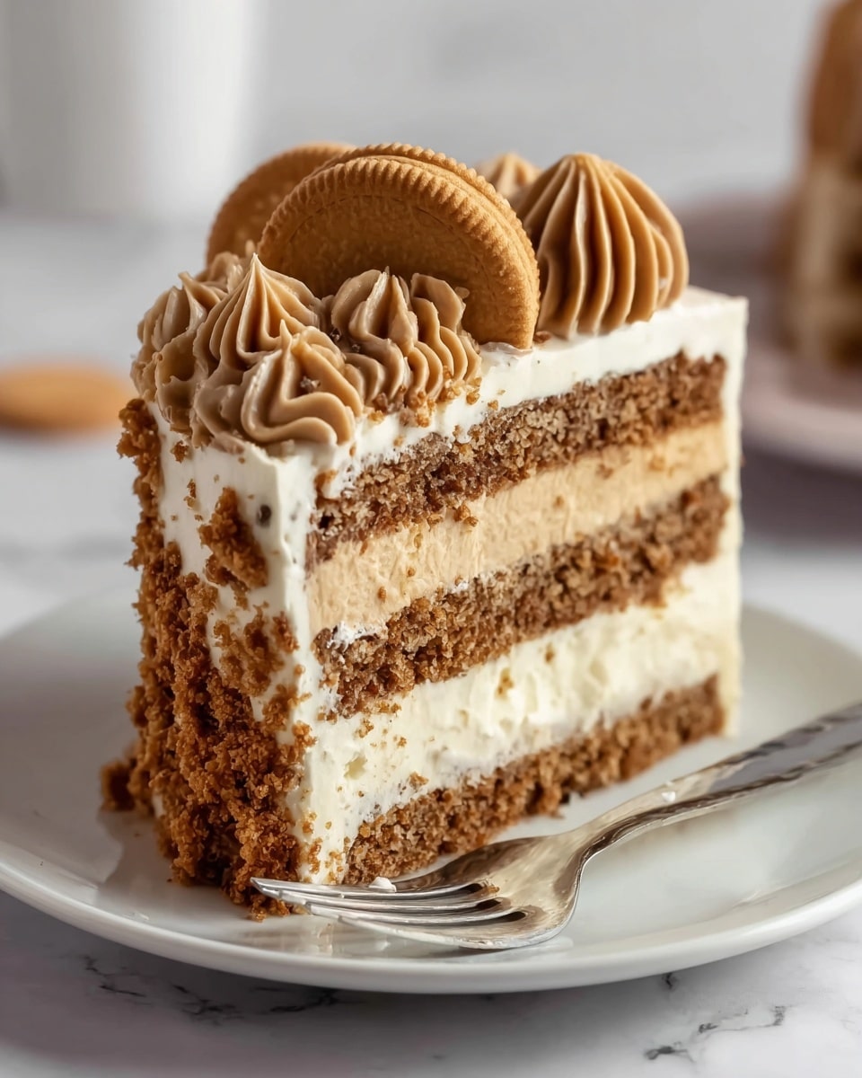 A slice of cake with three main layers sits on a white plate with a silver fork beside it. The bottom and middle layers are a crumbly brown cake. Between these cake layers is a thick, smooth cream layer with visible pieces of cookie or nut. The top layer is white cream covered with a crumbly brown topping. On the top edge, there are several large swirls of light brown cream, with a small round cookie placed vertically among the swirls. The surface under the plate is a white marbled texture. Photo taken with an iphone --ar 4:5 --v 7