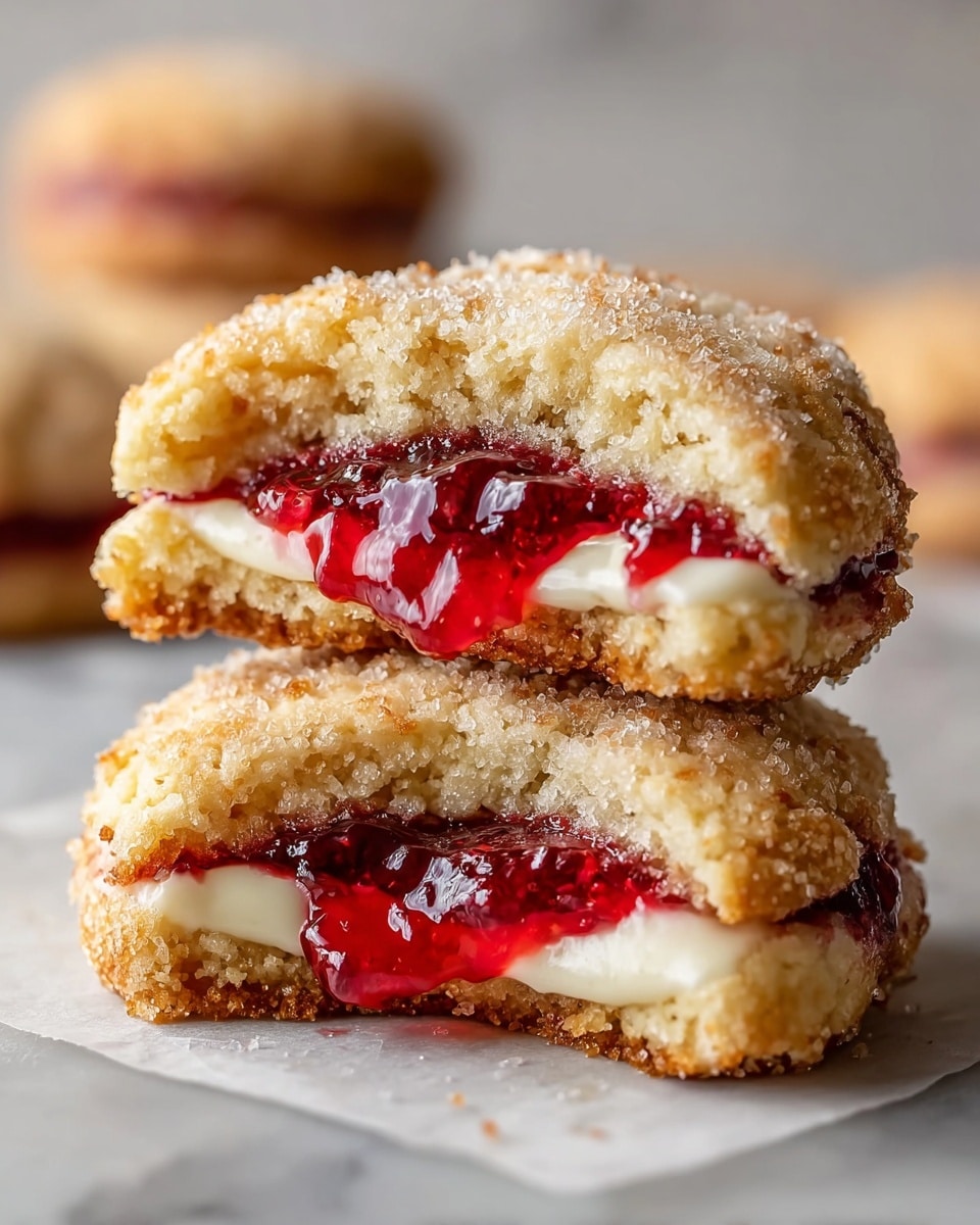 The image shows two soft, round cookies stacked on top of each other on a white marbled surface. The top cookie is broken in half, revealing a thick middle layer of glossy red jam with visible fruit pieces, spread over a creamy white filling. The cookie dough is golden brown with a slightly crumbly texture, and sugar crystals sparkle on the surface. In the background, there is a blurred whole cookie. Photo taken with an iphone --ar 4:5 --v 7