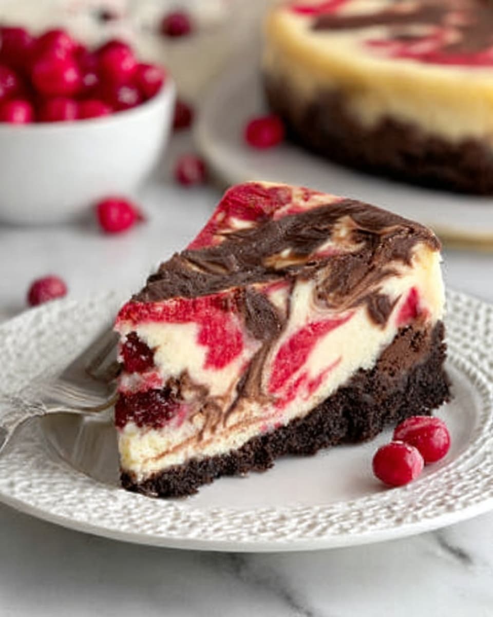 A slice of cheesecake with three visible layers sits on a white plate with a lace-like edge. The bottom layer is a dark brown, crumbly crust. The middle layer is thick and creamy white with swirls of bright red and dark brown chocolate mixed throughout. The top layer is a smooth cream with red and brown swirls continuing the marbled pattern. In the blurred background, a small white bowl filled with bright red berries and a whole cheesecake are visible on a white marbled surface. Photo taken with an iphone --ar 4:5 --v 7