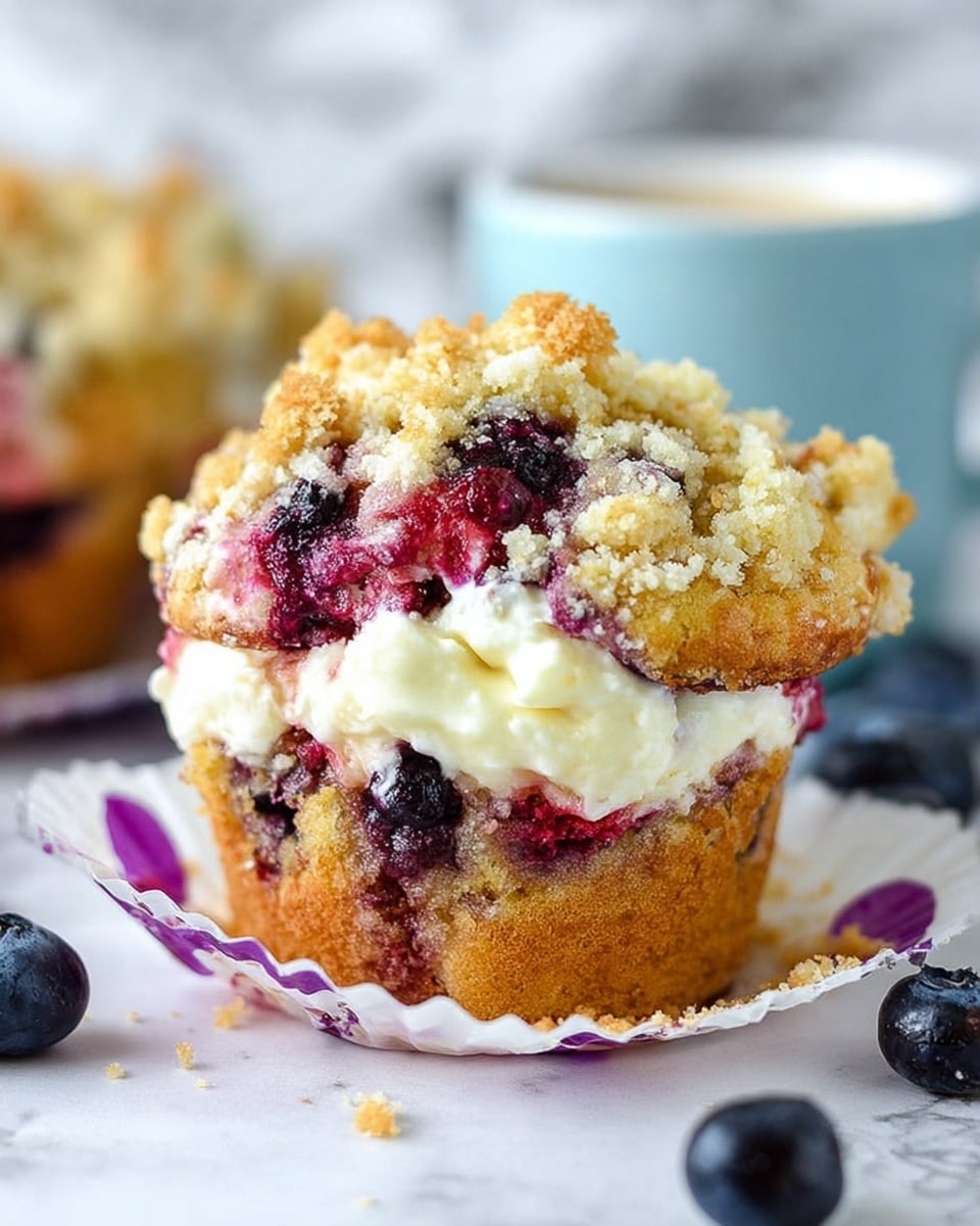 A close-up view of a muffin with three main layers: the bottom layer is a soft golden cake dotted with dark purple and red berries, the middle layer reveals a creamy white filling that looks smooth and thick, and the top layer is a crumbly golden streusel mixed with bits of berries adding pops of red and purple color. The muffin sits on a white paper wrapper with purple spots, placed on a white marbled surface. Scattered blueberries and a blurred light blue cup are in the background. photo taken with an iphone --ar 4:5 --v 7