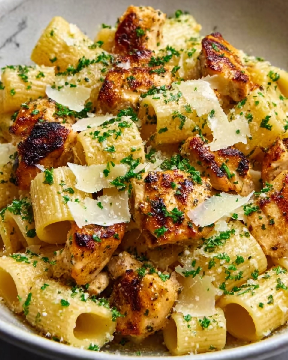 The image shows a close-up of a bowl of rigatoni pasta mixed with browned, grilled chicken pieces. The rigatoni is light yellow and has a smooth, slightly shiny texture from the sauce. The chicken pieces are golden brown with a crispy surface and char marks. The dish is topped with finely chopped green parsley scattered evenly and thin shavings of pale yellow cheese sprinkled over the pasta and chicken, adding a light dusting effect. The background has a white marbled texture. Photo taken with an iphone --ar 4:5 --v 7