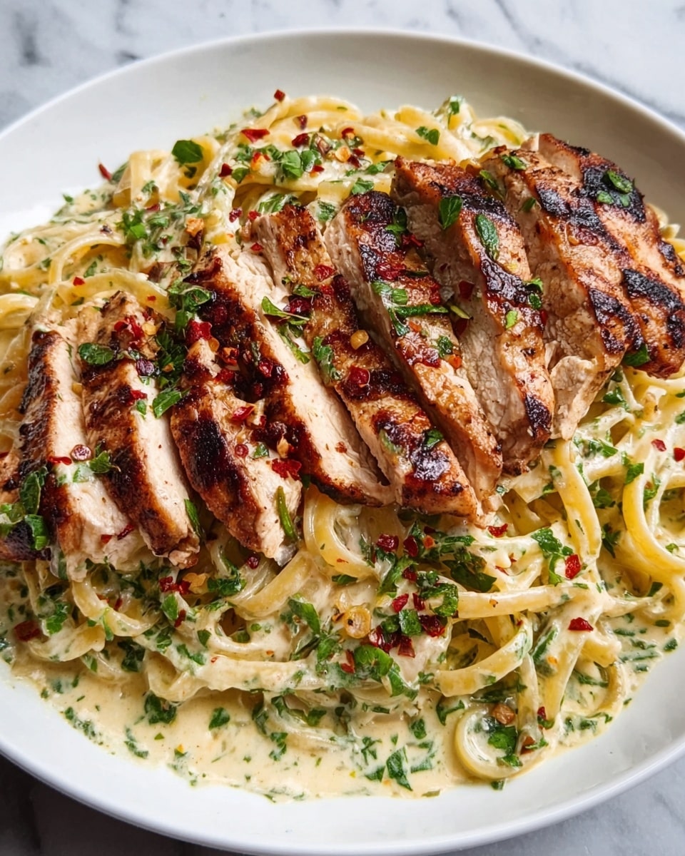 The image shows a white plate with creamy pasta topped with grilled chicken slices. The pasta is light yellow, covered with a smooth creamy sauce, and mixed with small green herb pieces. On top, there are three pieces of golden-brown grilled chicken with a slightly charred texture, sprinkled with red pepper flakes and green herbs. The chicken pieces are placed in the center, resting over the pasta bed. The background is a white marbled surface. Photo taken with an iphone --ar 4:5 --v 7