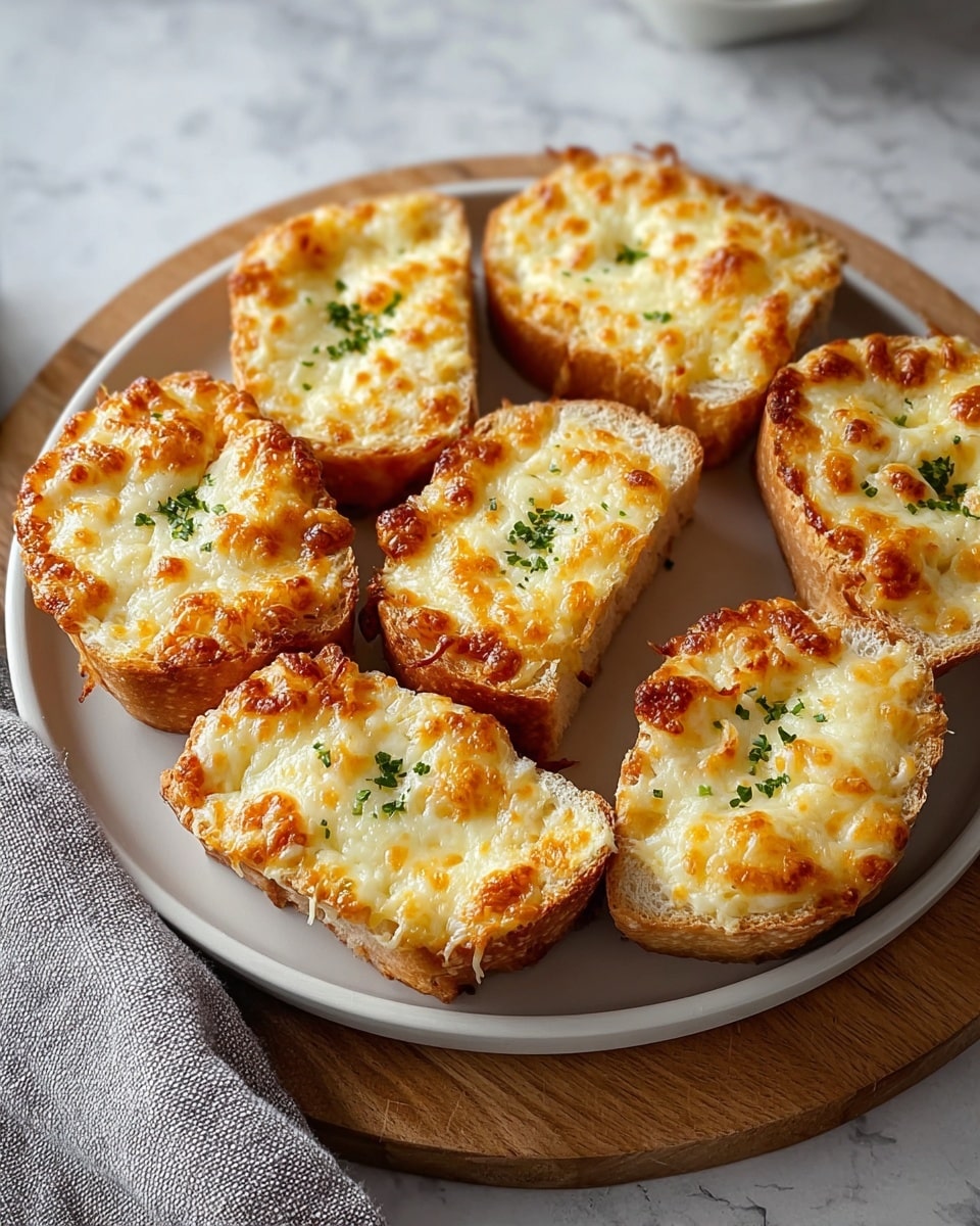 The image shows nine pieces of baked bread slices topped with melted, golden-brown cheese placed closely on a round white plate. Each slice has a thick layer of bubbly, slightly browned cheese on top with small green herb bits sprinkled in the middle. The bread underneath is toasted to a light brown crust with a soft, slightly airy texture visible on the edges. The plate rests on a round wooden board, set on a white marbled surface, with part of a gray cloth towel visible at the bottom left corner. The lighting highlights the warm colors of the cheese and bread, creating a cozy and inviting feel. photo taken with an iphone --ar 4:5 --v 7