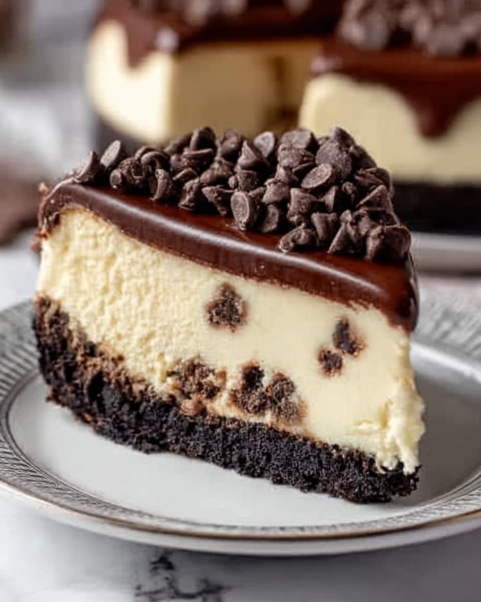 The image shows a close-up side view of a cheesecake slice on a white plate with a gray decorative rim, placed on a white marbled surface. The cheesecake has three clear layers: the bottom layer is a dark crumbly crust, the middle layer is a thick, smooth, creamy white cheese filling with small bits of chocolate mixed in, and the top layer is a shiny chocolate ganache that evenly covers the cheese layer and drips slightly down the side. On top of the ganache, there is a scattered pile of semi-sweet chocolate chips adding texture. Photo taken with an iphone --ar 4:5 --v 7
