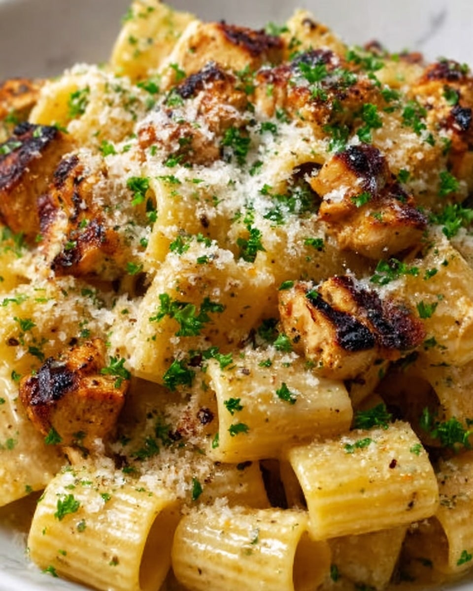 The image shows a close-up of rigatoni pasta mixed with grilled, golden-brown chicken pieces. Each pasta tube is creamy yellow with a smooth texture, coated lightly in sauce. The grilled chicken pieces have a slightly charred surface with rich brown and black specks, adding a crispy look. Fresh green parsley is finely chopped and scattered evenly on top, along with a dusting of white grated cheese that adds a soft, fluffy texture. The dish is arranged on a white plate, resting on a white marbled surface. Photo taken with an iphone --ar 4:5 --v 7