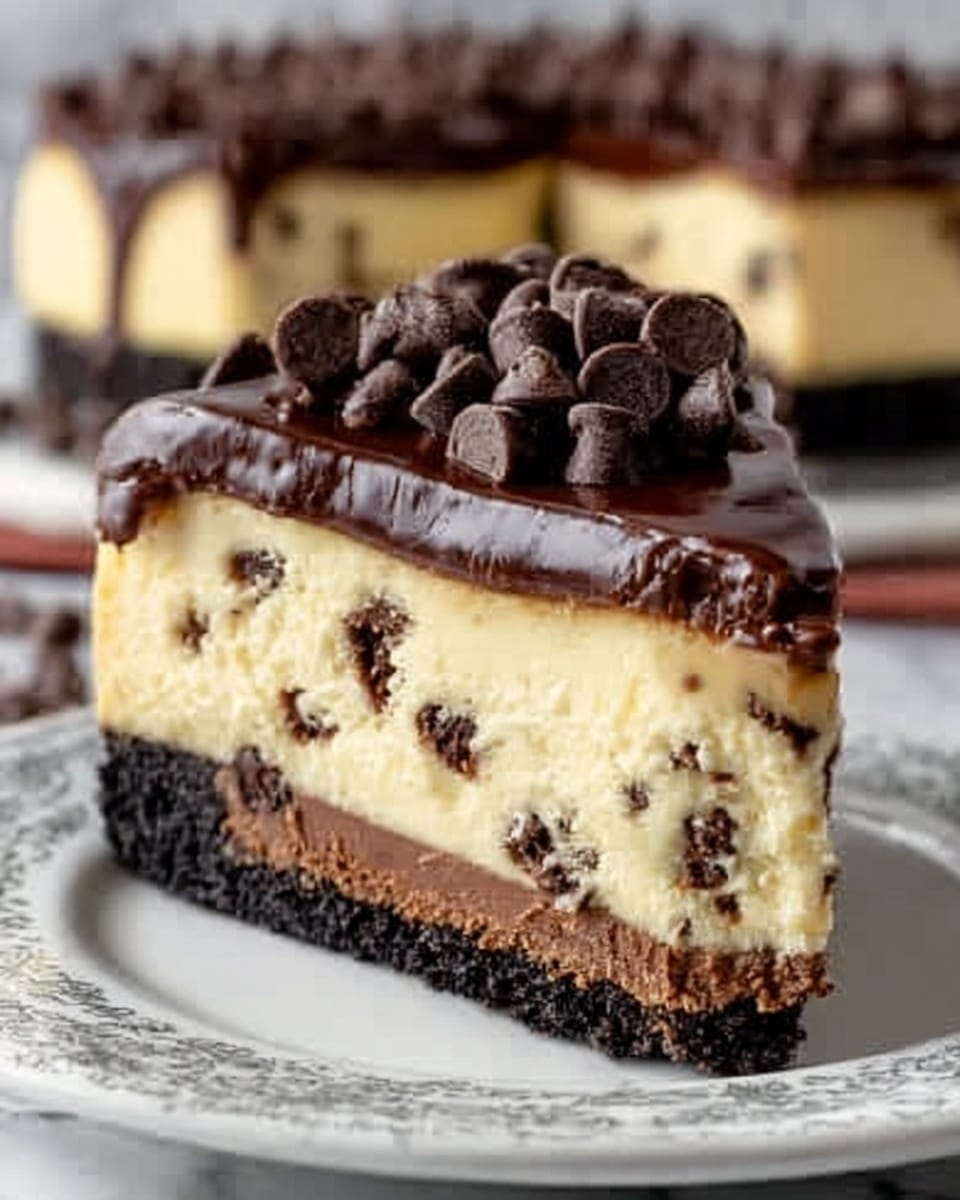 The image shows a close-up slice of a dessert with three layers on a white plate with a patterned edge, sitting on a white marbled surface. The bottom layer is dark brown and crumbly, looking like a chocolate crust. The middle layer is thick, creamy, and pale yellow, with small bits of dark chocolate mixed in. The top layer is a glossy, smooth chocolate ganache that drips slightly down the side. On top of the ganache, there are many small, dark chocolate chips piled up. Photo taken with an iphone --ar 4:5 --v 7