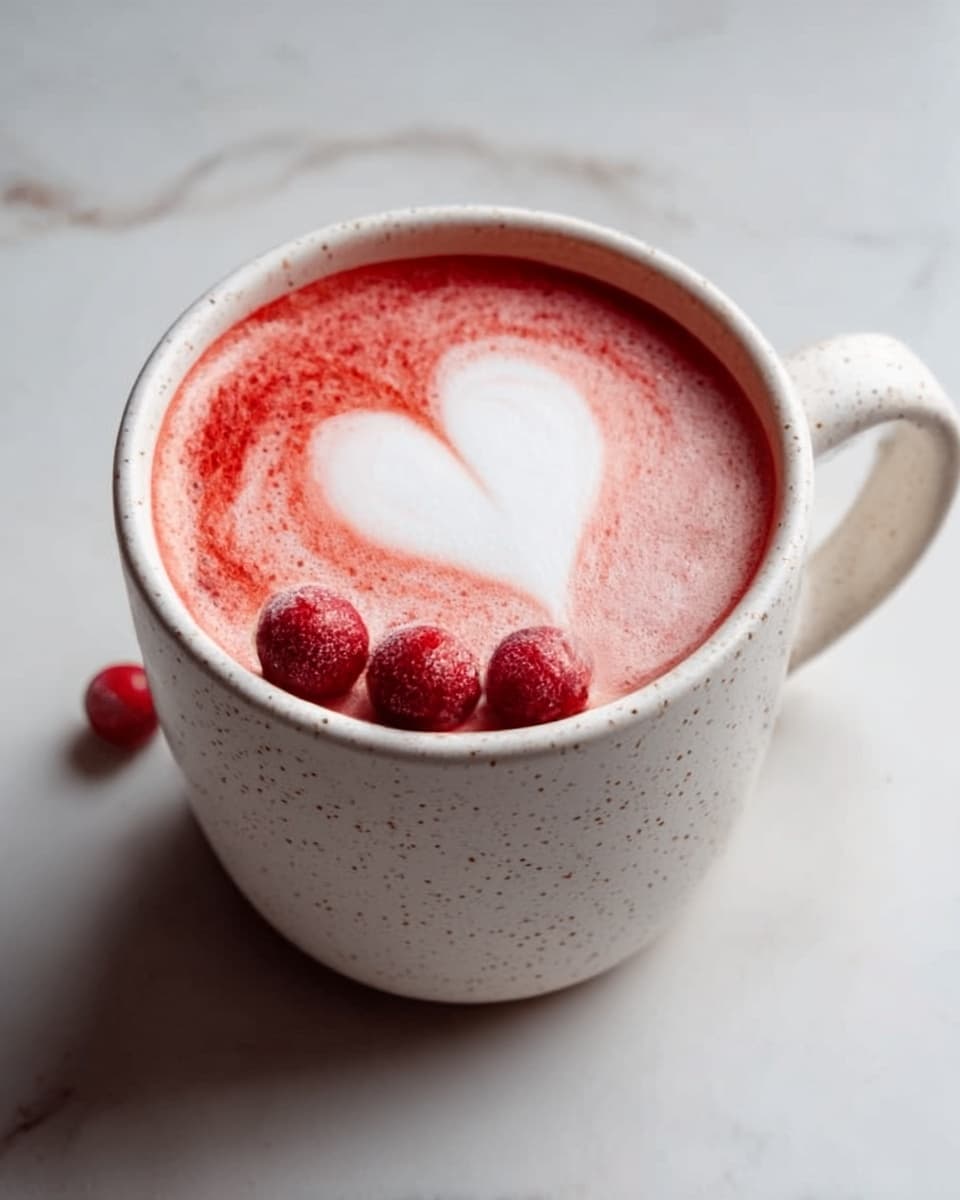 A white speckled ceramic mug filled with a creamy red drink topped with a heart-shaped white foam design, with five small red berries placed around one side of the cup's rim, all set on a white marbled surface. photo taken with an iphone --ar 4:5 --v 7
