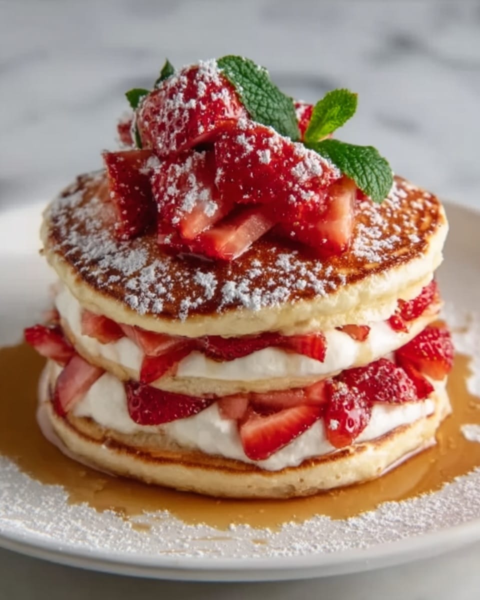 The image shows a stack of three thick, golden-brown pancakes on a white plate, placed on a white marbled surface. Between the bottom and middle pancake, there is a layer of fresh red strawberry slices and syrup, slightly dripping down the sides. Between the middle and top pancake, there is a layer of white cream with more strawberry slices peeking out. The top pancake is topped with whole red strawberries, a sprig of green mint, and a light dusting of powdered sugar. The syrup pools around the base of the stack, adding a shiny texture. Photo taken with an iphone --ar 4:5 --v 7
