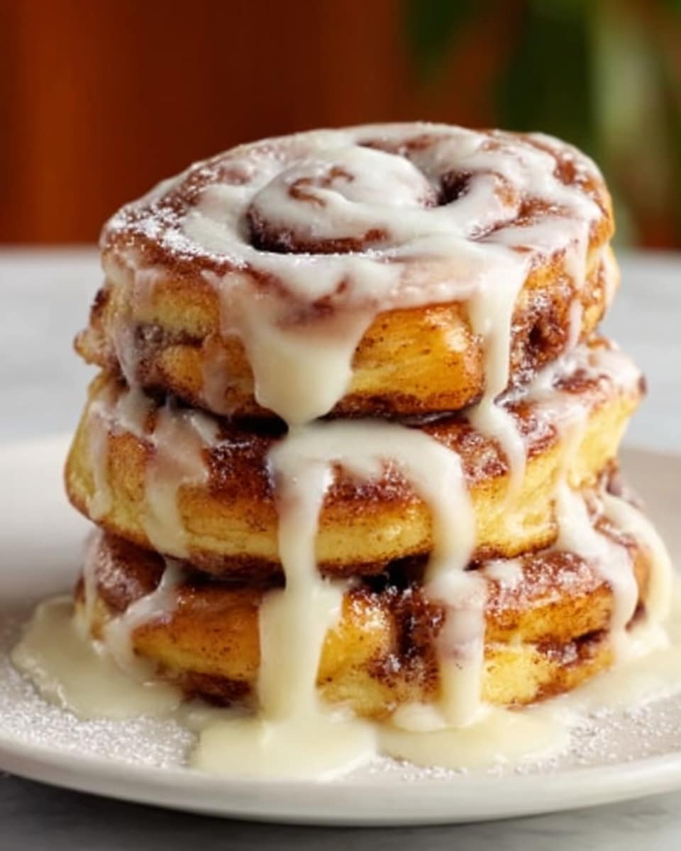 A stack of three thick, golden-brown cinnamon rolls is placed on a white plate. Each roll has visible swirls of dark cinnamon filling inside the soft, fluffy dough layers. Creamy white icing is generously drizzled on top and slightly melting down the sides, creating a glossy, smooth texture. The rolls look warm and soft, catching the light on their shiny, slightly crisp edges. The background is a white marbled surface that adds a clean and bright look to the scene. Photo taken with an iphone --ar 4:5 --v 7