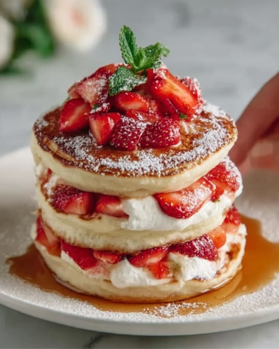 A stack of three fluffy pancakes is shown on a white plate, each pancake separated by layers of white cream and bright red sliced strawberries with a few whole strawberries on top. The top pancake is dusted lightly with powdered sugar and garnished with fresh green mint leaves. Golden syrup pools around the base of the stack on the white marbled surface beneath, creating a shiny contrast. Photo taken with an iphone --ar 4:5 --v 7
