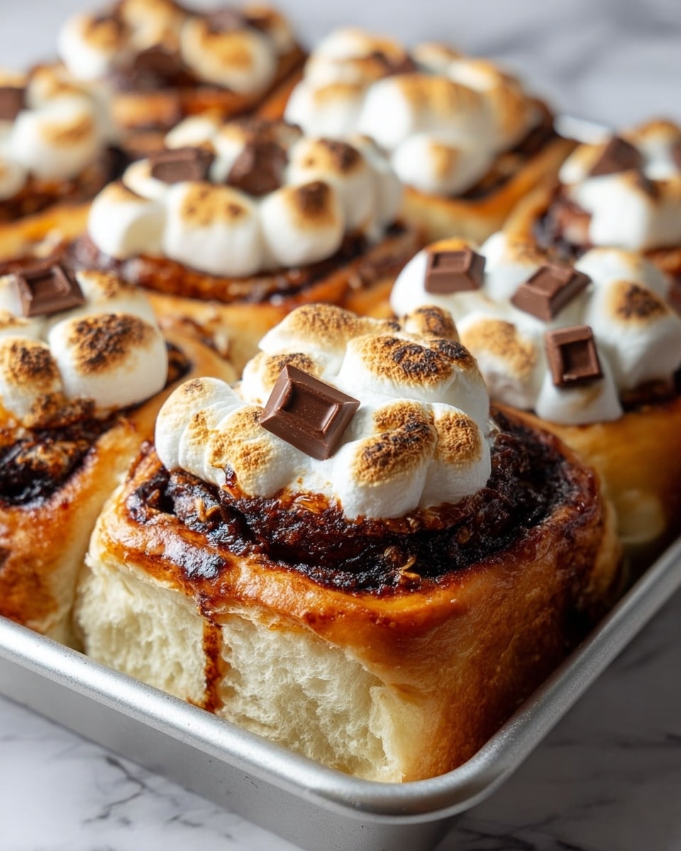 A close-up view of a baking pan filled with six cinnamon rolls, each topped with a toasted layer of white marshmallows that have golden brown spots. On top of the marshmallows, there is a small square piece of dark chocolate placed in the center of each roll. The cinnamon rolls have a light golden-brown outer crust with a glossy, sticky glaze, and a darker cinnamon swirl visible in the middle layers. The pan is on a white marbled surface. photo taken with an iphone --ar 4:5 --v 7