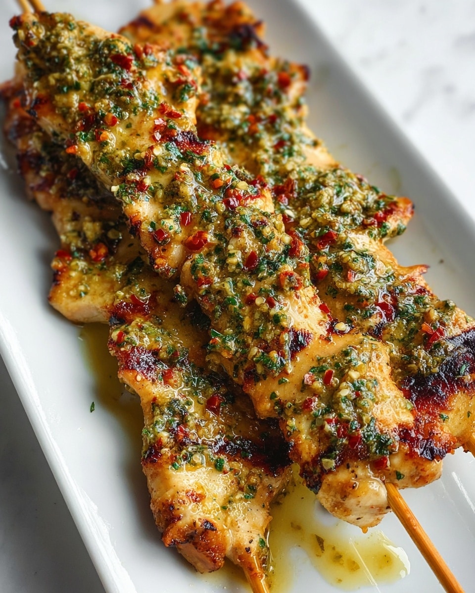 The image shows three grilled chicken skewers placed closely on a long white plate over a white marbled surface. Each skewer holds tender, golden-brown chicken pieces with visible grill marks and slightly charred edges. The chicken is covered with a glossy sauce mixed with finely chopped herbs, crushed garlic, and red chili flakes, giving it a fresh green, white, and red speckled texture. The sauce glistens and lightly drips over and around the chicken, making it look juicy and flavorful. photo taken with an iphone --ar 4:5 --v 7