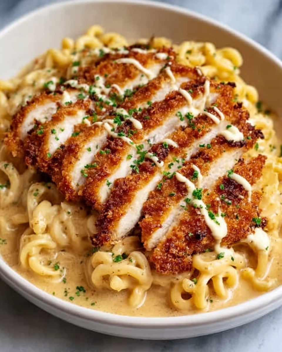 A white oval dish filled with creamy macaroni and cheese at the bottom layer, showing soft, yellow pasta with a smooth texture. On top, there are several slices of crispy, golden-brown breaded chicken arranged in a neat row, with a slightly rough and crunchy surface. Drizzled over the chicken is a creamy white sauce with a smooth texture, and small green herb pieces are sprinkled on top, adding a fresh touch. The dish is placed on a white marbled textured surface. Photo taken with an iphone --ar 4:5 --v 7