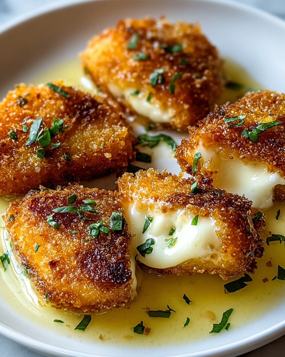 The image shows four pieces of golden brown fried cheese with a crispy textured outer layer, each piece cut slightly to reveal melting, gooey white cheese inside. The fried cheese rests in a shallow pool of light yellow creamy sauce with a smooth texture on a white plate. Fresh green herbs are scattered on top of the fried cheese and around in the sauce, adding color contrast. The cheese pieces have an uneven surface with a crunchy coating and a warm, inviting shine. The setting includes a white marbled textured surface. photo taken with an iphone --ar 4:5 --v 7