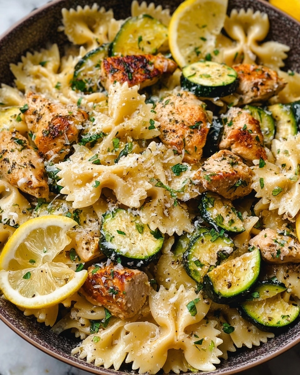 The image shows a close-up of a white plate filled with a mixed pasta dish with three main layers. The bottom layer consists of light yellow bow-tie pasta with a smooth, slightly shiny texture. The middle layer has slices of cooked zucchini, green and yellow with a soft texture and light grill marks. The top layer includes small pieces of grilled chicken, golden brown with visible char marks, sprinkled with chopped green herbs and finely grated white cheese. A slice of lemon is placed on the edge of the plate. The dish is placed on a white marbled textured surface. photo taken with an iphone --ar 4:5 --v 7