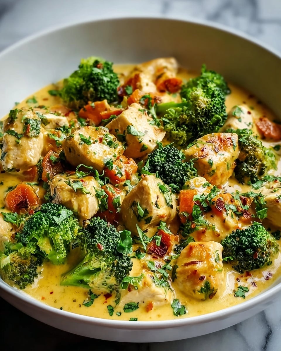 A white bowl filled with a creamy yellow sauce as the base layer, topped with chunks of cooked chicken pieces that are light golden brown, vibrant green broccoli florets, and small bright orange carrot cubes. The dish is sprinkled with finely chopped green herbs and red pepper flakes scattered across the top. The vegetables and chicken are evenly mixed, creating a colorful, textured mix with a glossy finish. The background is a white marbled texture. photo taken with an iphone --ar 4:5 --v 7