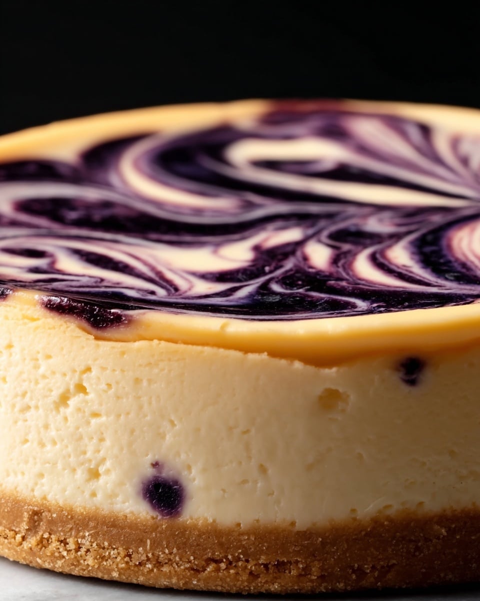 The image shows a close-up of a round cheesecake with three clear layers; the bottom layer is a light brown crumbly crust, the middle layer is a smooth creamy pale yellow cheesecake filling, and the top layer is a swirl of deep purple and white with a glossy texture, creating a marbled effect. The swirls sit just inside the edge of the cheesecake, contrasting with the smooth edge of the filling. The cake is set against a white marbled surface and the background is black, making the vibrant colors stand out. Photo taken with an iphone --ar 4:5 --v 7